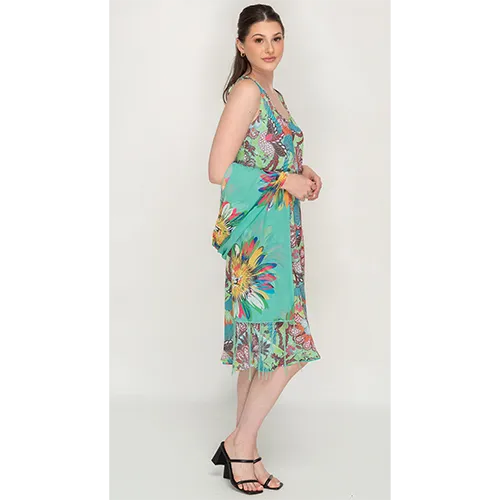 Printed Cyan Color Sleeve Less Semi Long Dress For Women