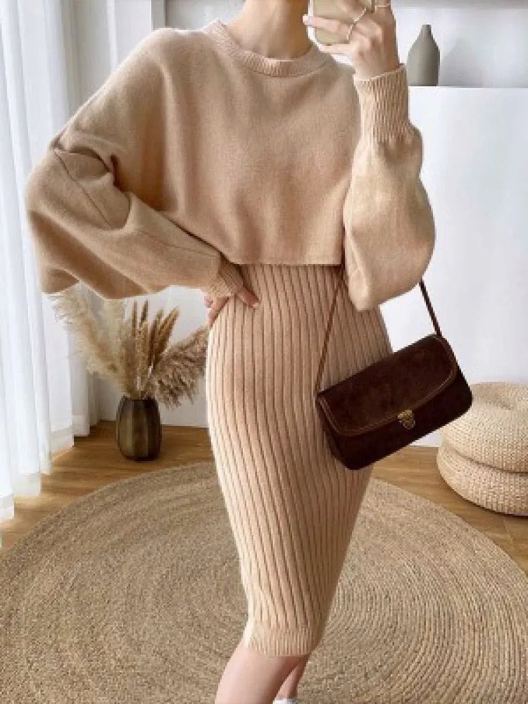 Purpdrank - Two Piece Set for Women 2023 New Autumn Winter Fashion Solid Color Sweater Suit Long Sleeved O-neck Women's Clothing Dress Sets