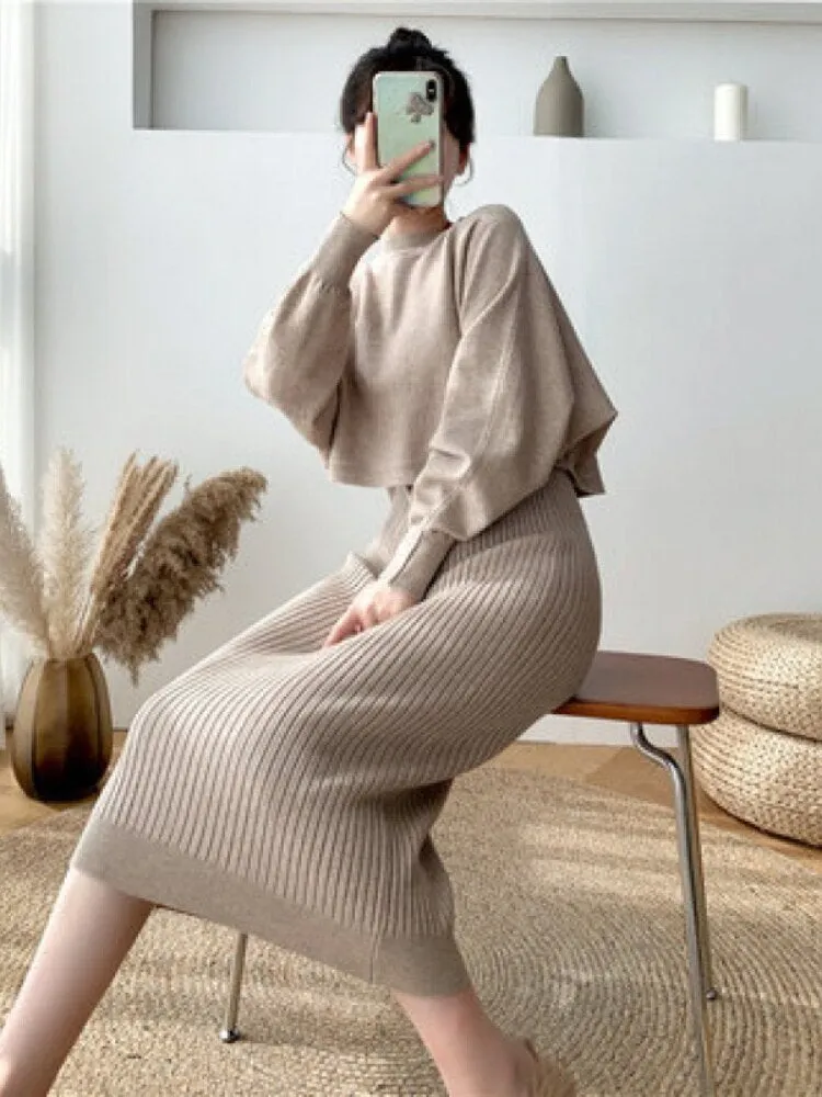 Purpdrank - Two Piece Set for Women 2023 New Autumn Winter Fashion Solid Color Sweater Suit Long Sleeved O-neck Women's Clothing Dress Sets