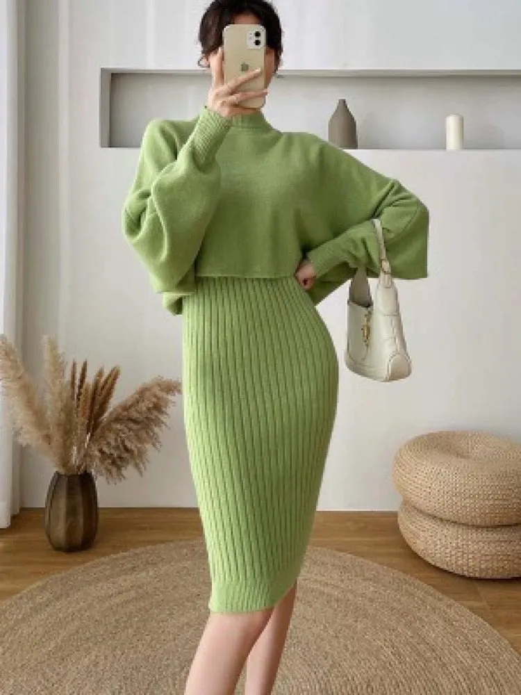 Purpdrank - Two Piece Set for Women 2023 New Autumn Winter Fashion Solid Color Sweater Suit Long Sleeved O-neck Women's Clothing Dress Sets