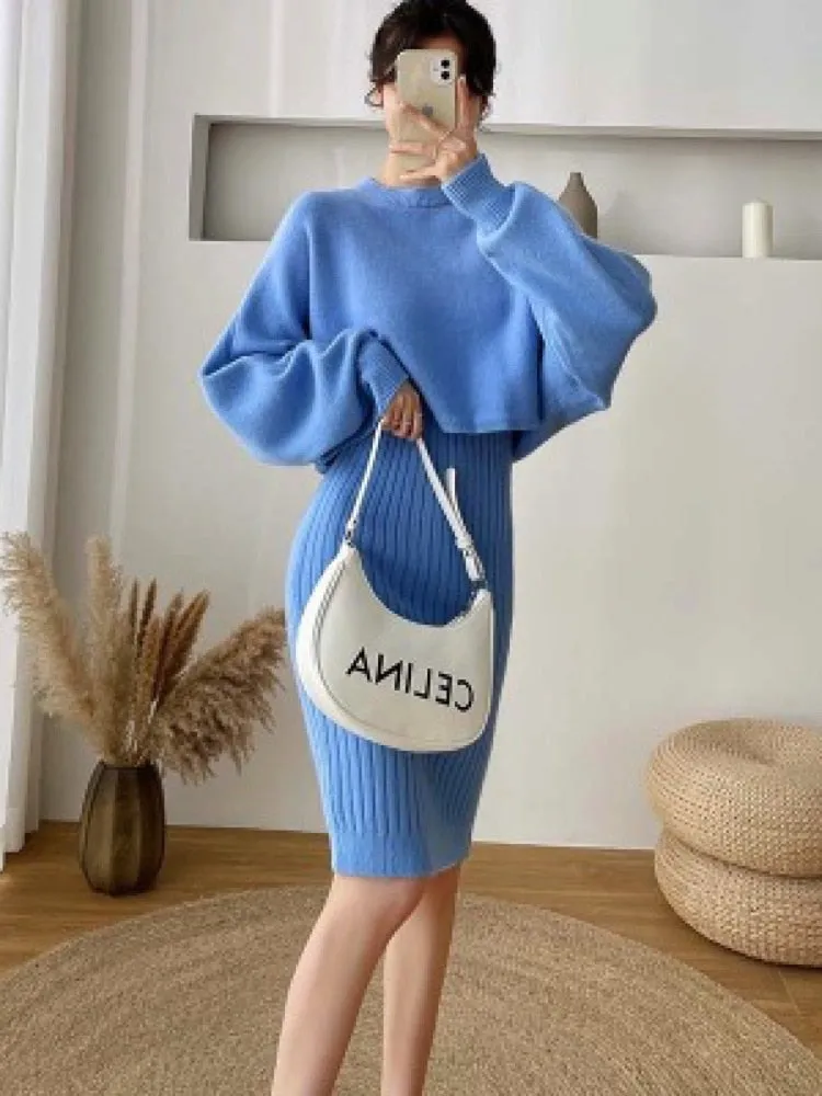 Purpdrank - Two Piece Set for Women 2023 New Autumn Winter Fashion Solid Color Sweater Suit Long Sleeved O-neck Women's Clothing Dress Sets