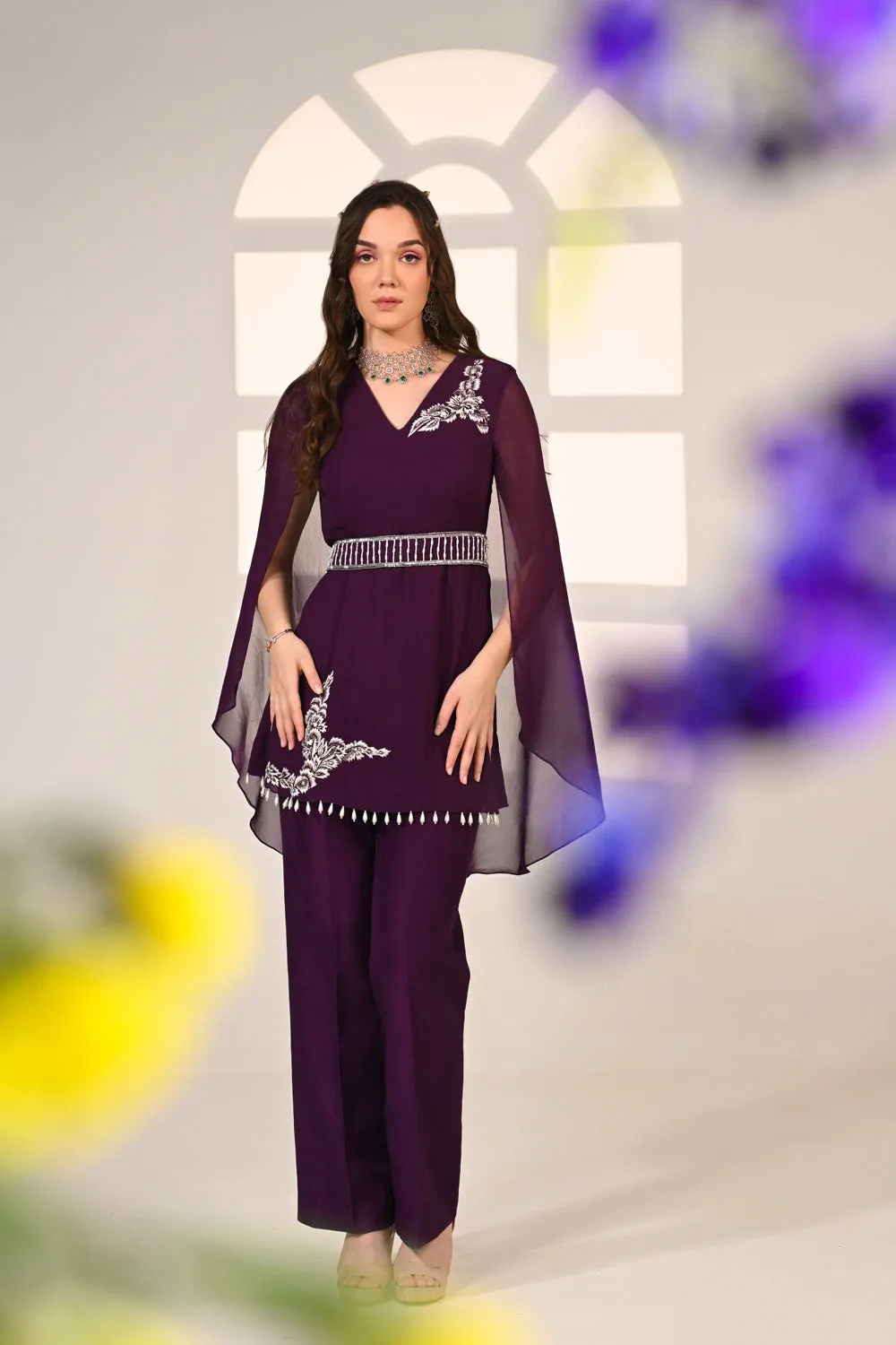 Purple Embroidered Cape Top Co-ord Set