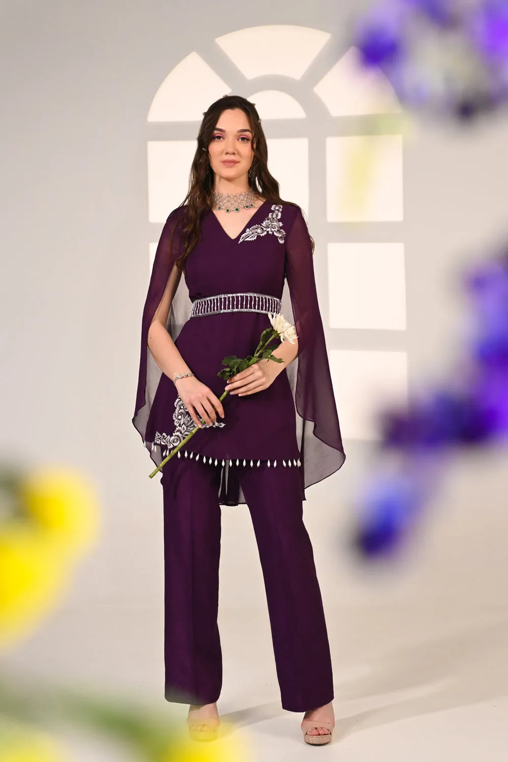 Purple Embroidered Cape Top Co-ord Set