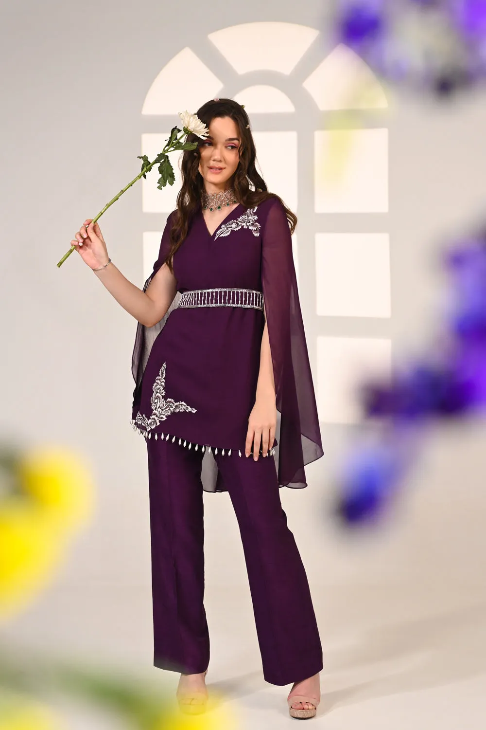 Purple Embroidered Cape Top Co-ord Set