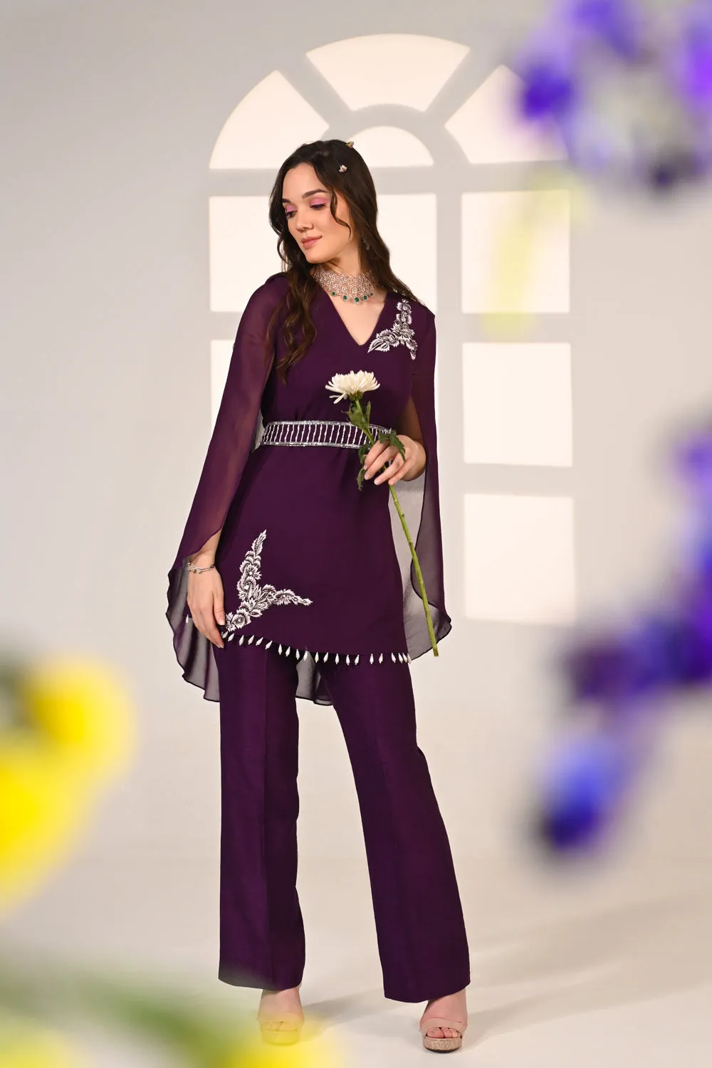 Purple Embroidered Cape Top Co-ord Set