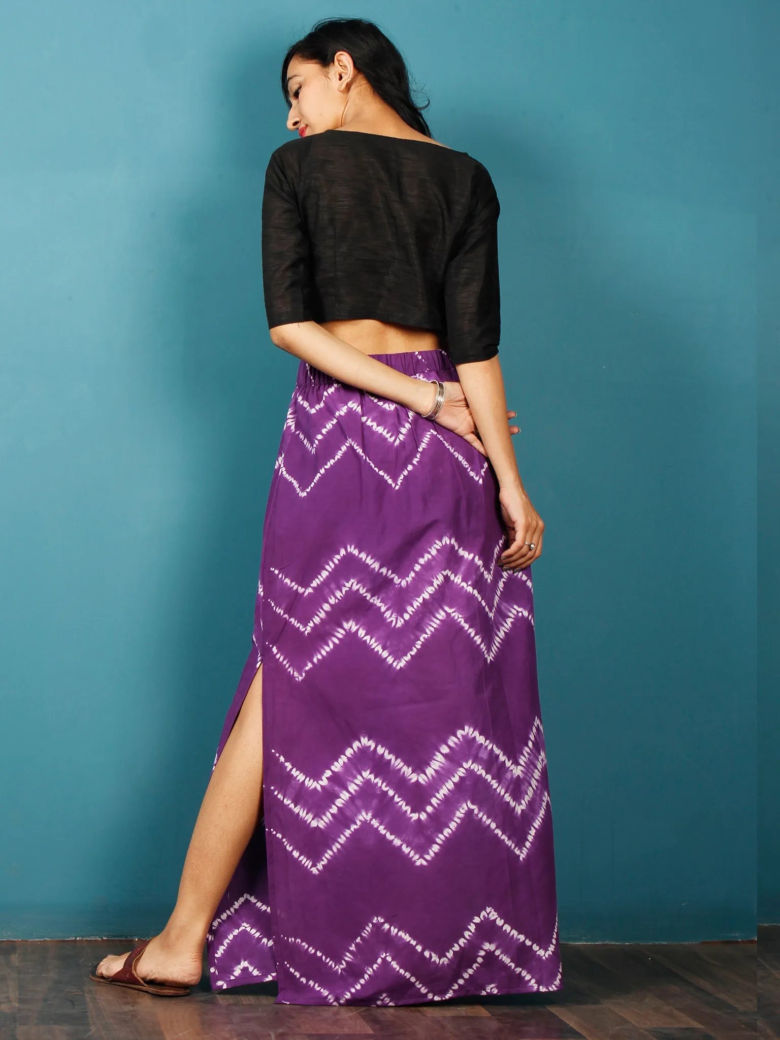 Purple White Shibori Hand Block Printed Straight Skirt With Side Slits - S40F287