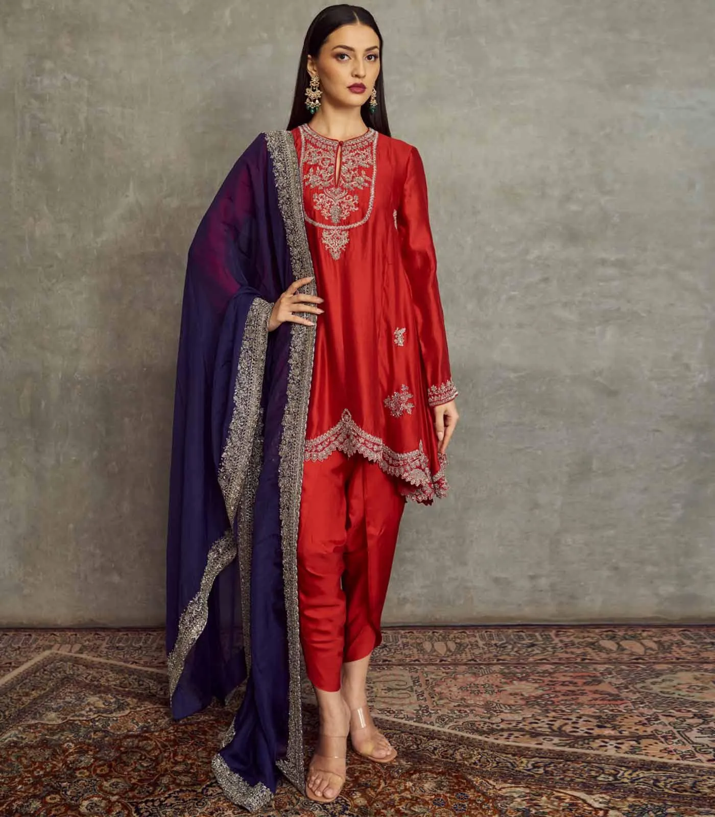 Red Embroidered Long Tunic Set