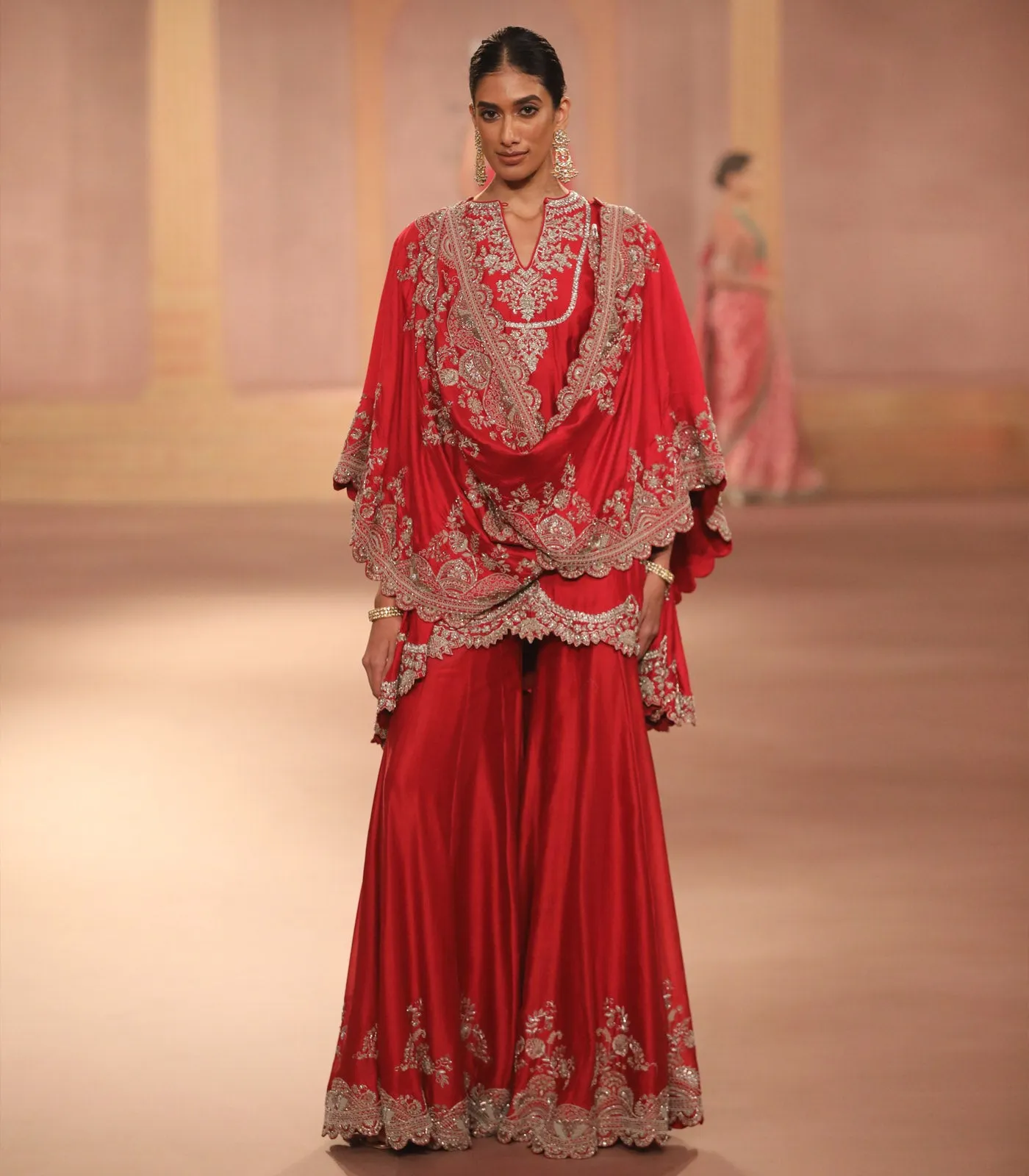 Red Embroidered Sharara and Cape Set