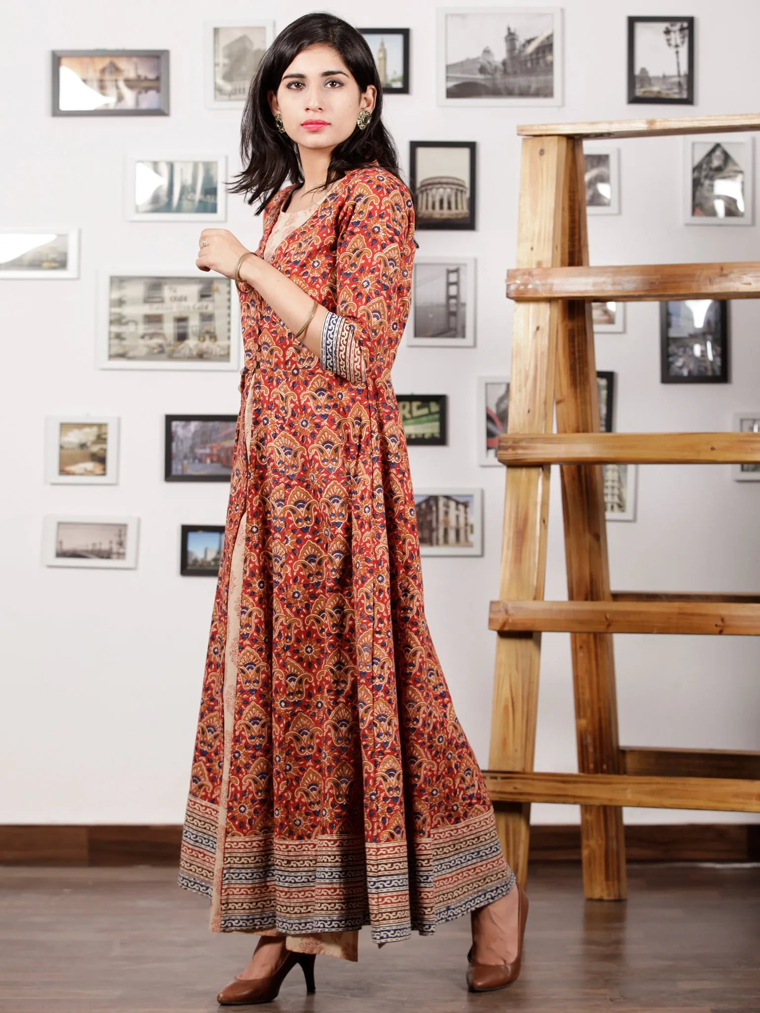 Red Indigo Beige Hand Block Printed Long Tunic & Cape Dress (Set of 2) - D291F888