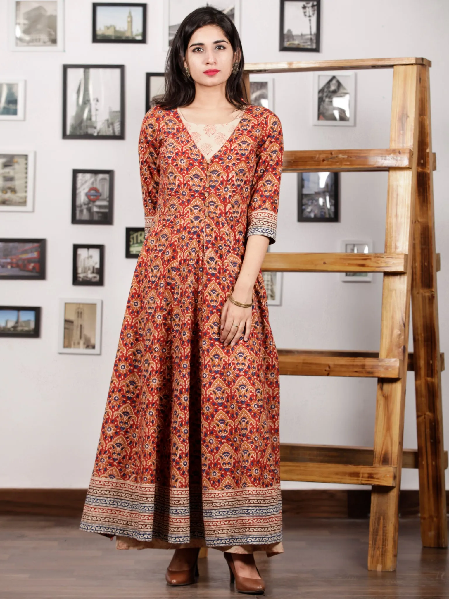 Red Indigo Beige Hand Block Printed Long Tunic & Cape Dress (Set of 2) - D291F888