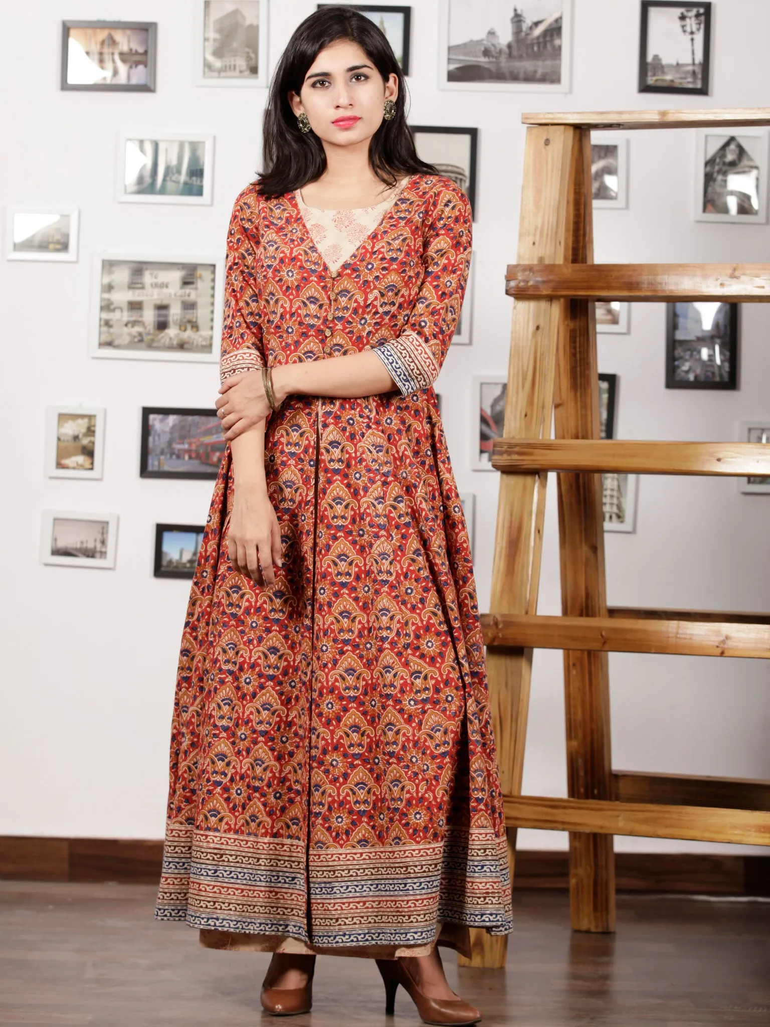 Red Indigo Beige Hand Block Printed Long Tunic & Cape Dress (Set of 2) - D291F888