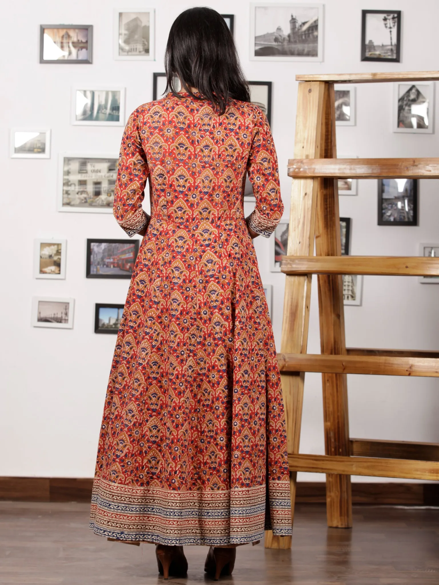 Red Indigo Beige Hand Block Printed Long Tunic & Cape Dress (Set of 2) - D291F888