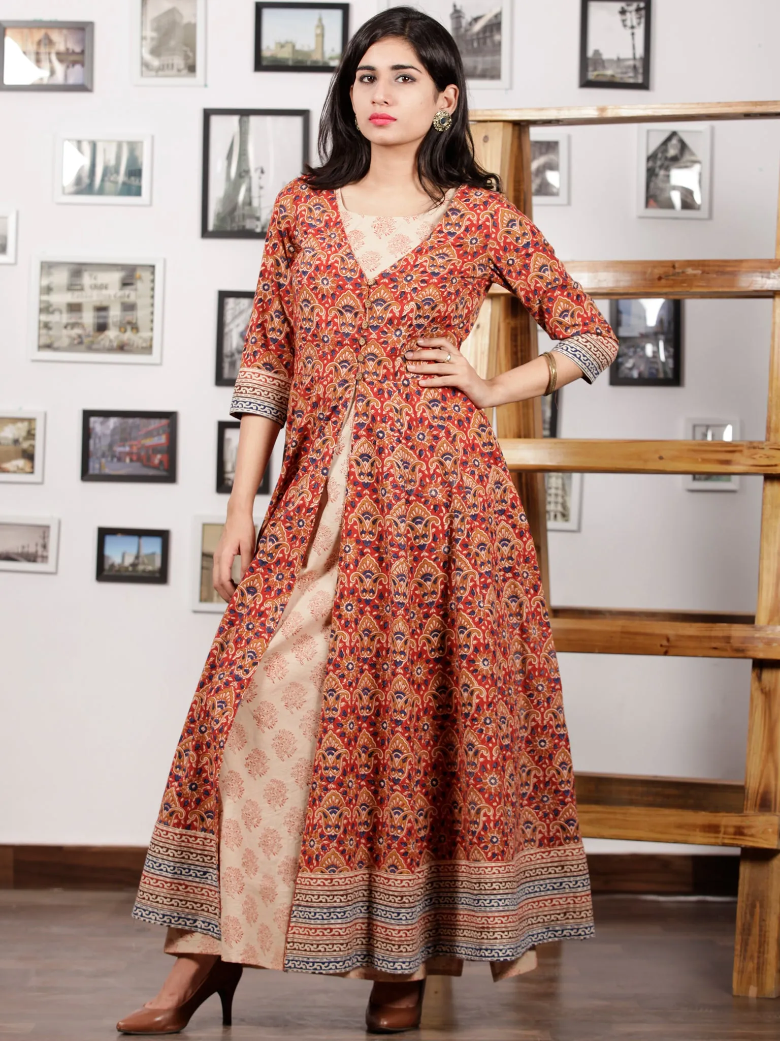 Red Indigo Beige Hand Block Printed Long Tunic & Cape Dress (Set of 2) - D291F888