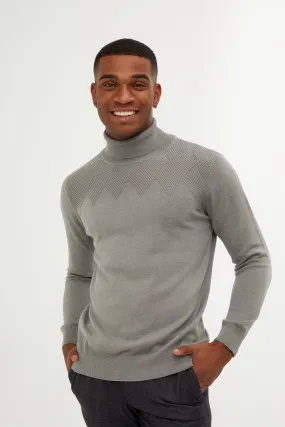 Regular Fit Patterned Cotton Blend Khaki Turtleneck Sweater, Gray Melange