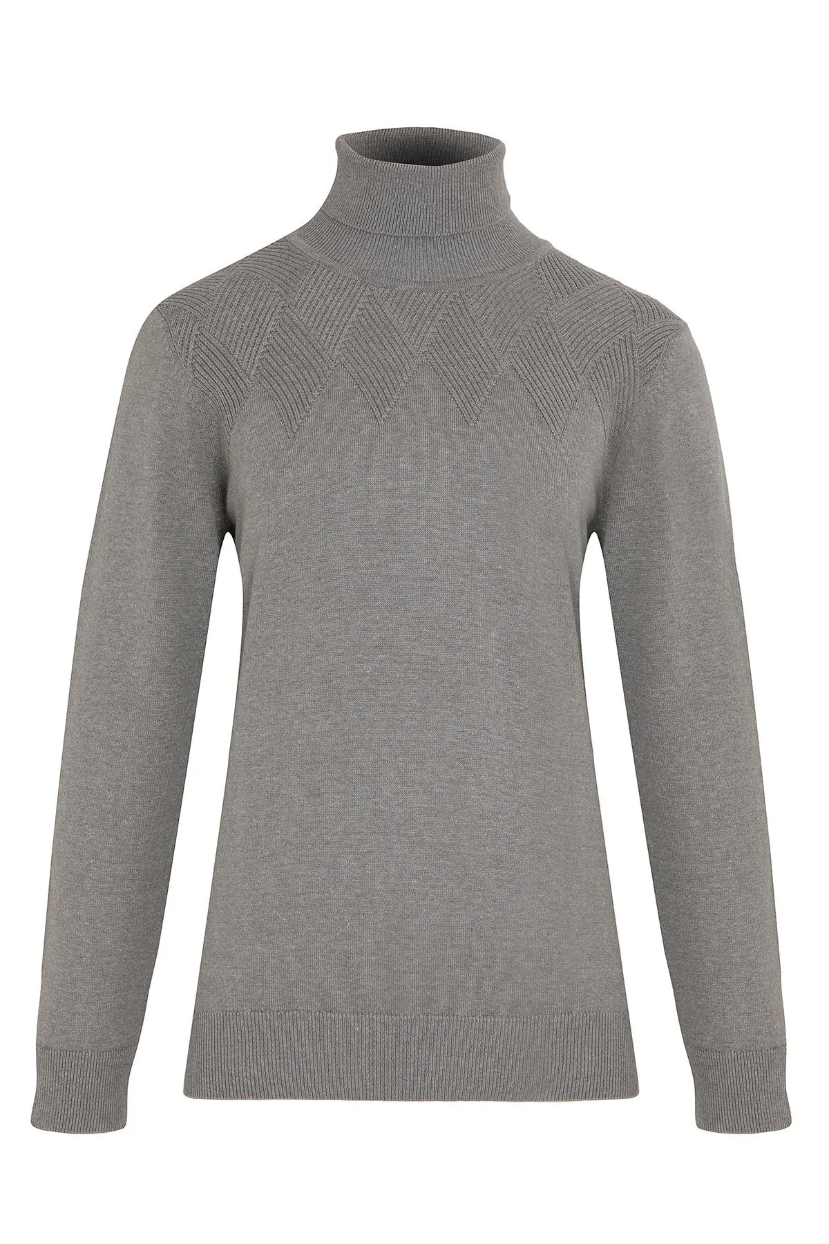 Regular Fit Patterned Cotton Blend Khaki Turtleneck Sweater, Gray Melange