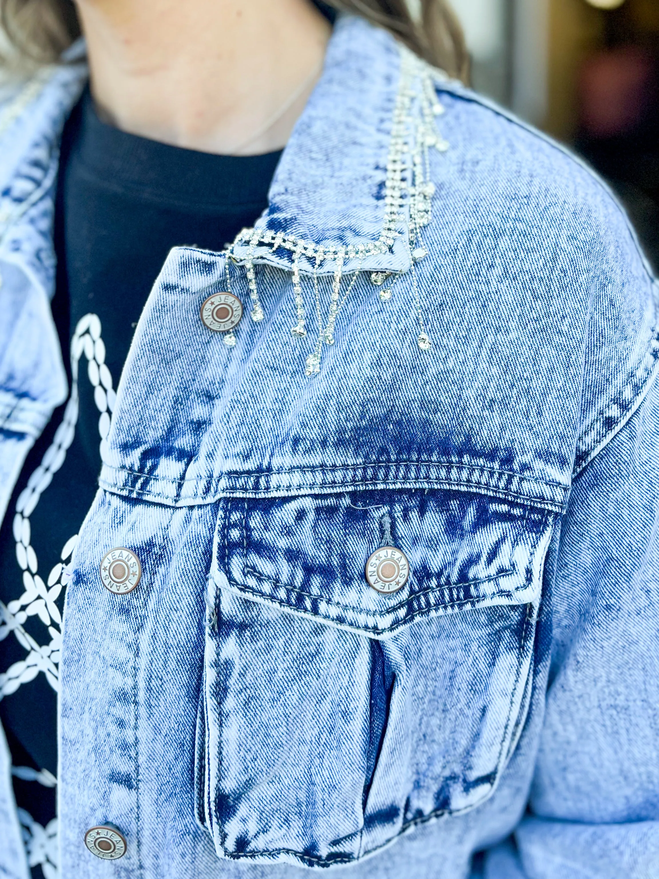 Rhinestone Collard Denim Jacket