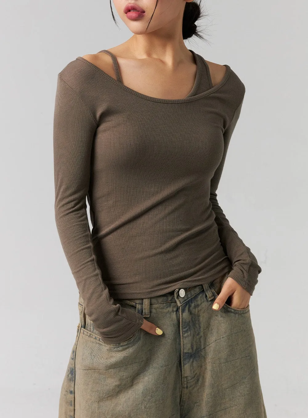 Ribbed Layered Cami and Long Sleeve Top CG316