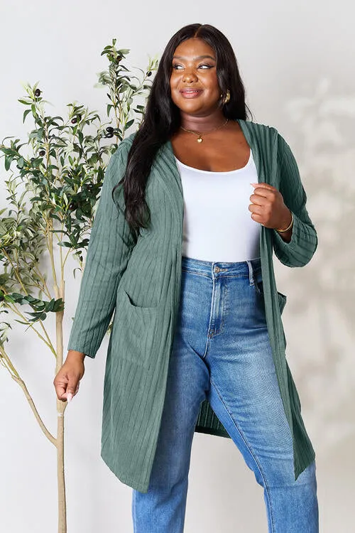 Ribbed Open Front Long Sleeve Hooded Cardigan