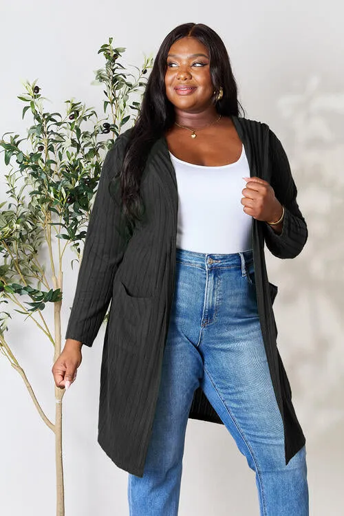 Ribbed Open Front Long Sleeve Hooded Cardigan