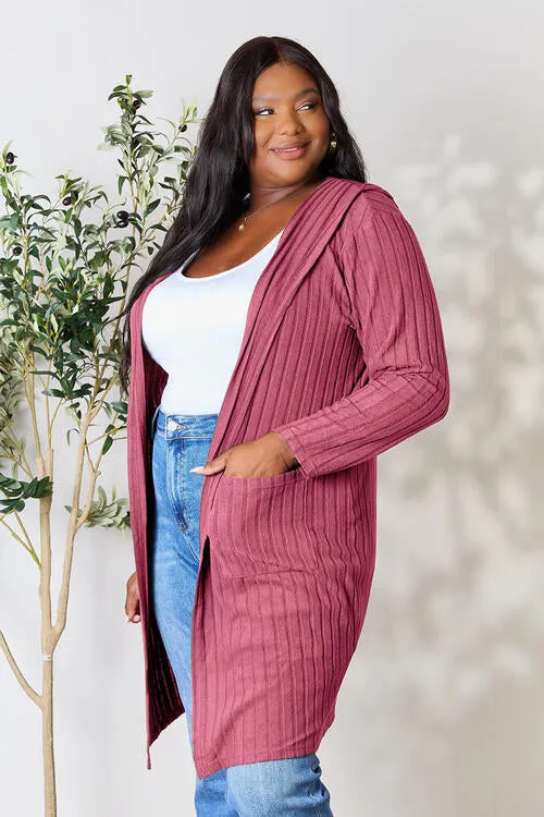 Ribbed Open Front Long Sleeve Hooded Cardigan