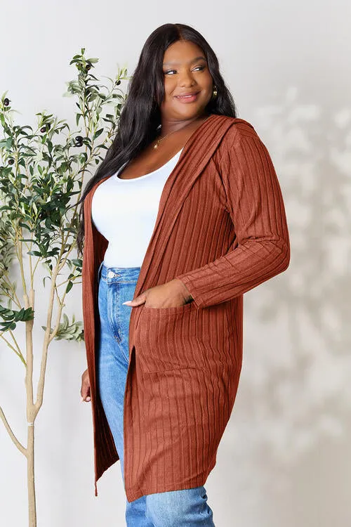 Ribbed Open Front Long Sleeve Hooded Cardigan