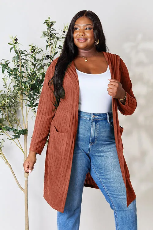 Ribbed Open Front Long Sleeve Hooded Cardigan