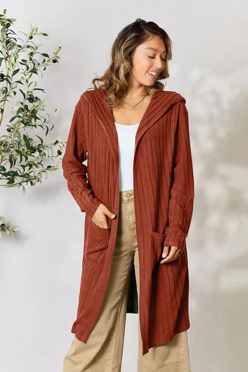 Ribbed Open Front Long Sleeve Hooded Cardigan