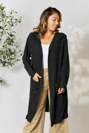 Ribbed Open Front Long Sleeve Hooded Cardigan