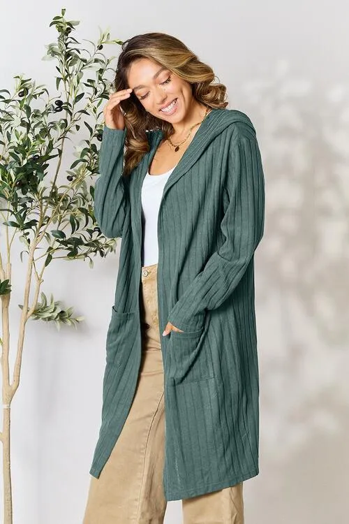 Ribbed Open Front Long Sleeve Hooded Cardigan