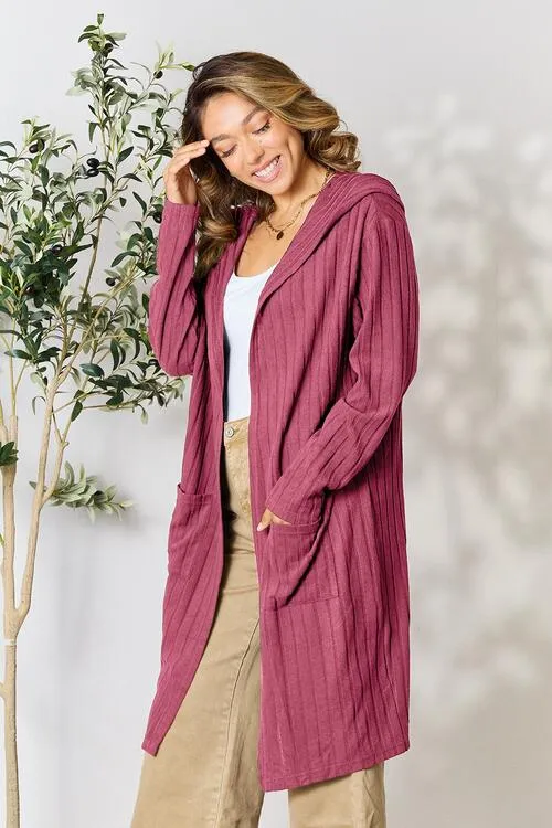 Ribbed Open Front Long Sleeve Hooded Cardigan