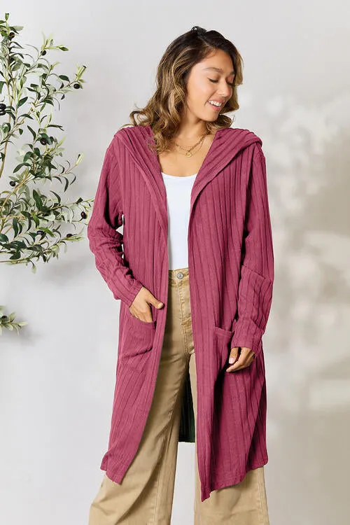 Ribbed Open Front Long Sleeve Hooded Cardigan