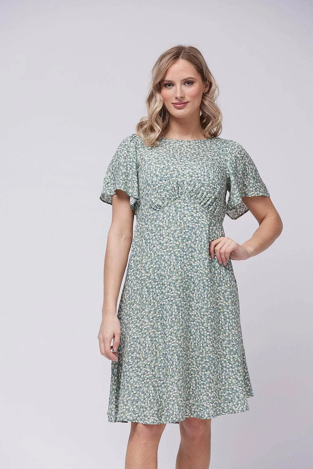 Saloos Floral Printed Dress with Fluted Cape Sleeves