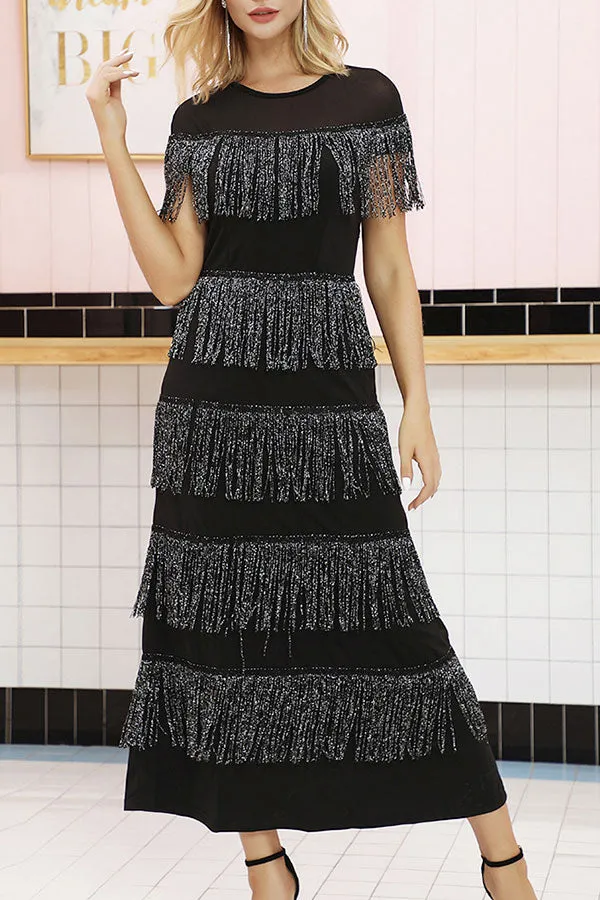 Scoop Layered Fringe Long Dress