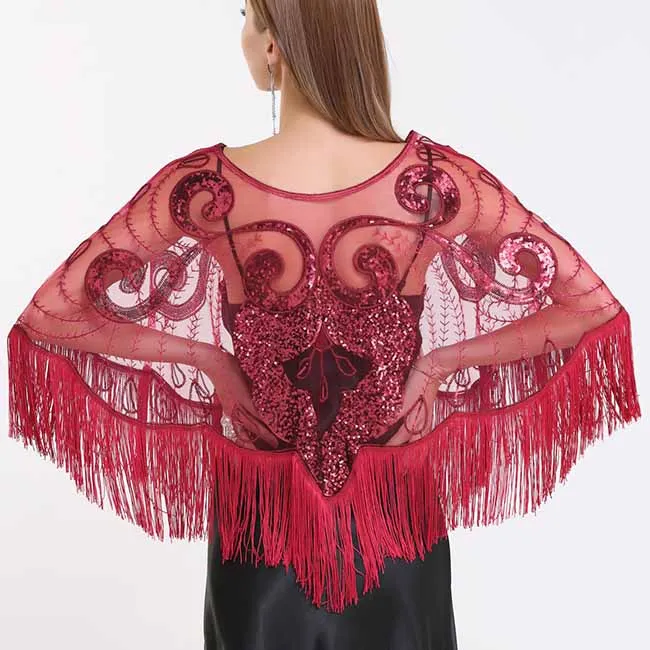 Sequin Beaded Shawl Wraps Fringed Evening Cape Scarf for Wedding