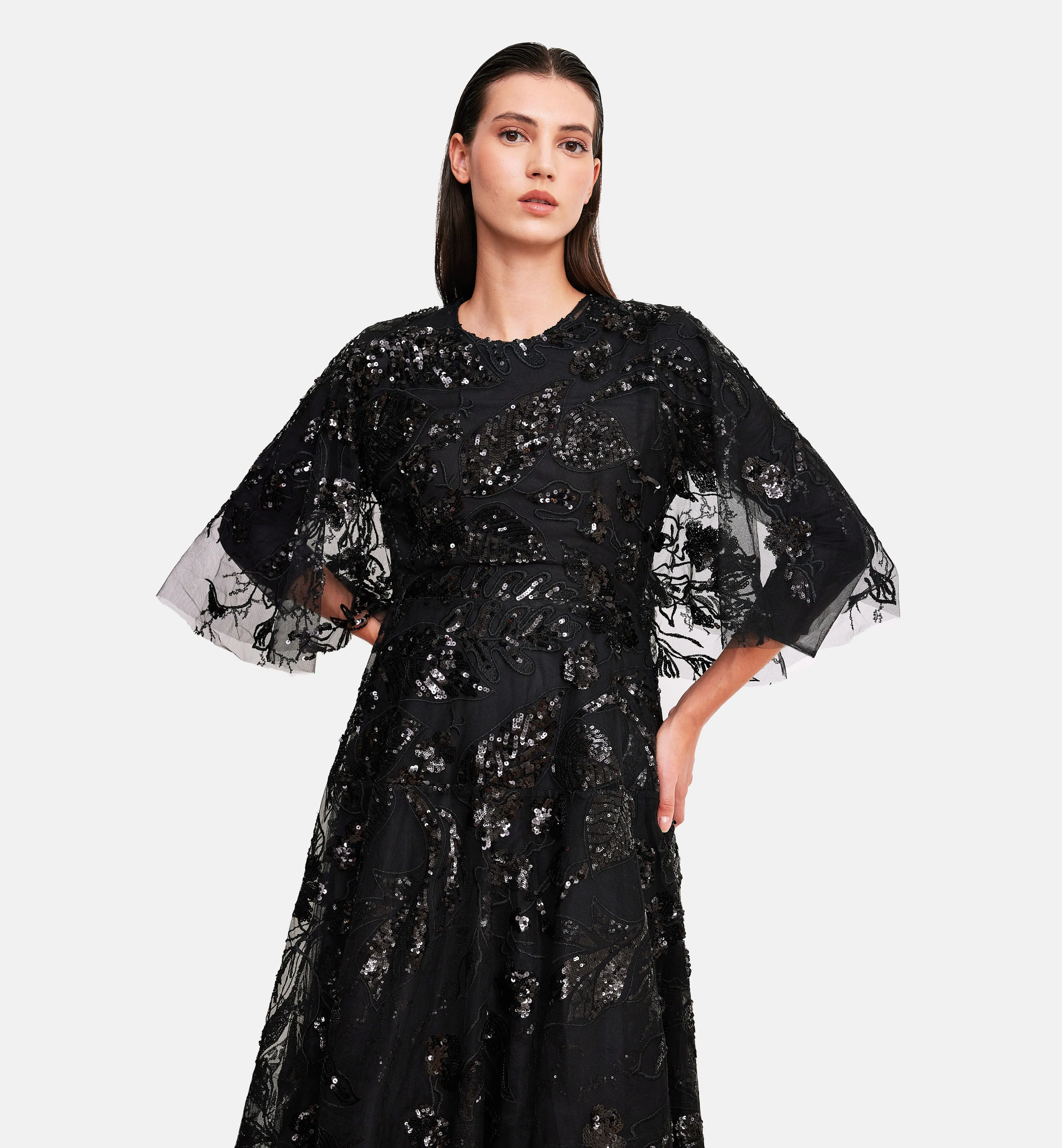 Sequins Mesh Cape Dress in Black