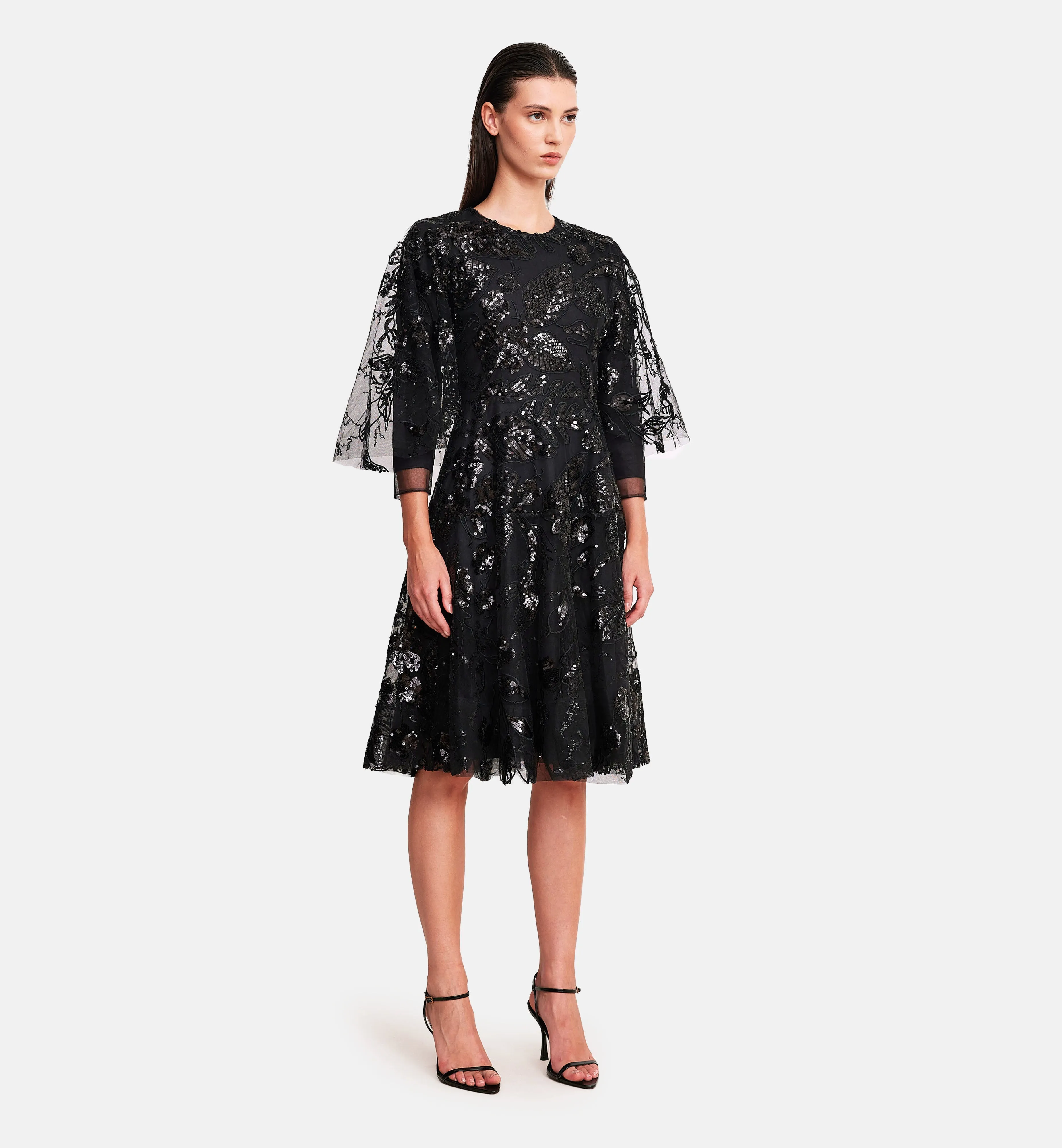 Sequins Mesh Cape Dress in Black