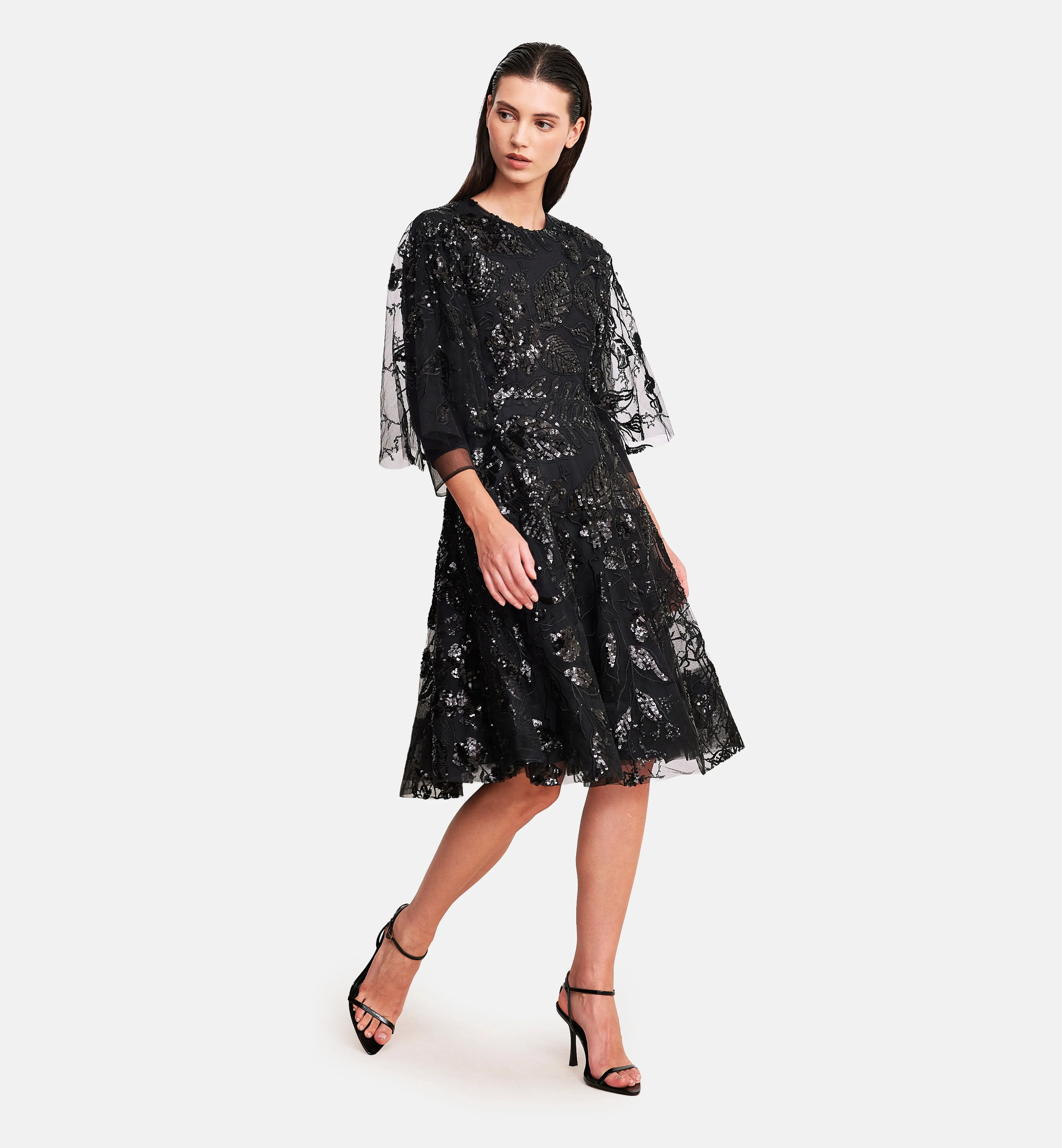 Sequins Mesh Cape Dress in Black