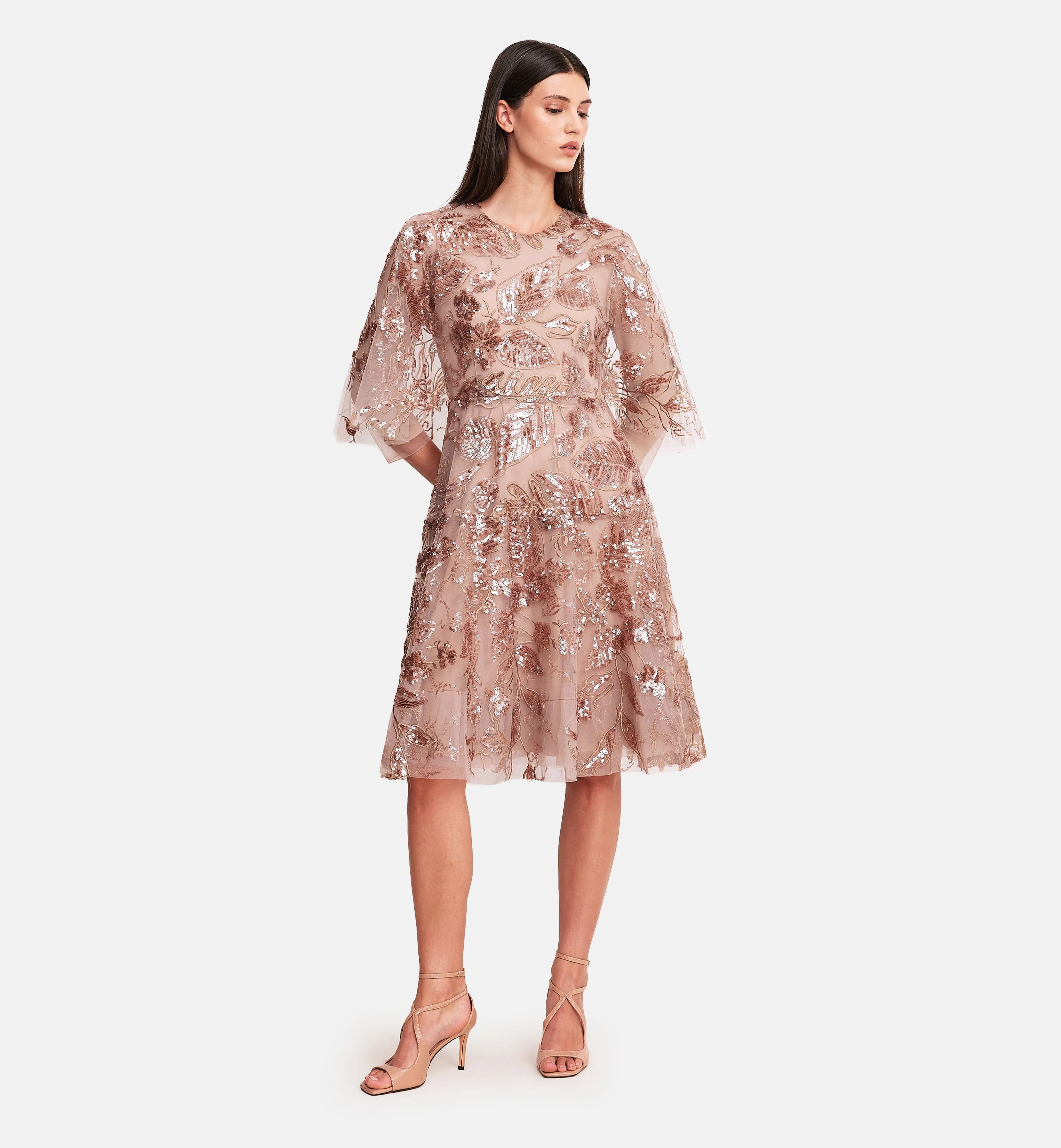 Sequins Mesh Cape Dress in Bronze