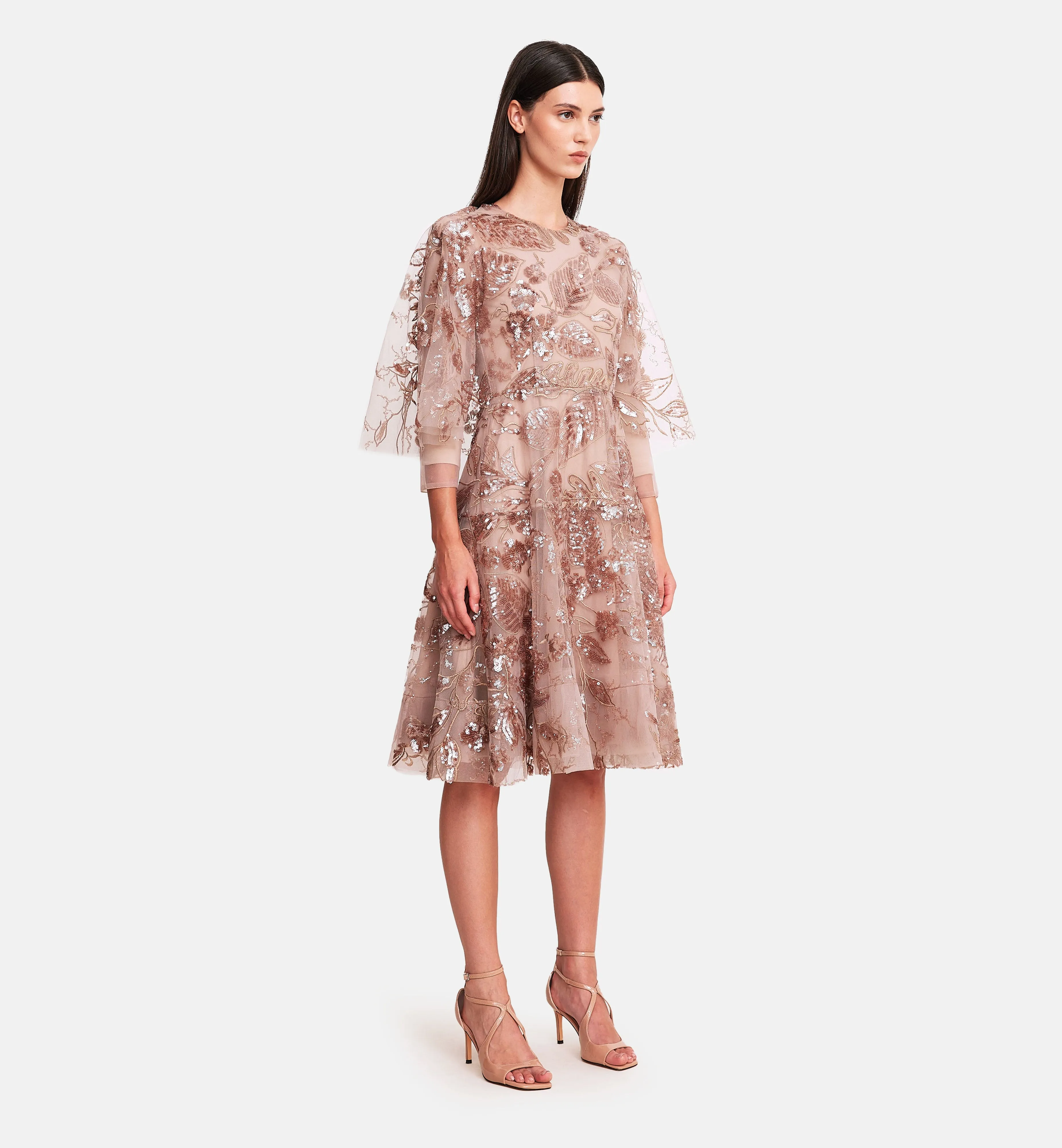 Sequins Mesh Cape Dress in Bronze