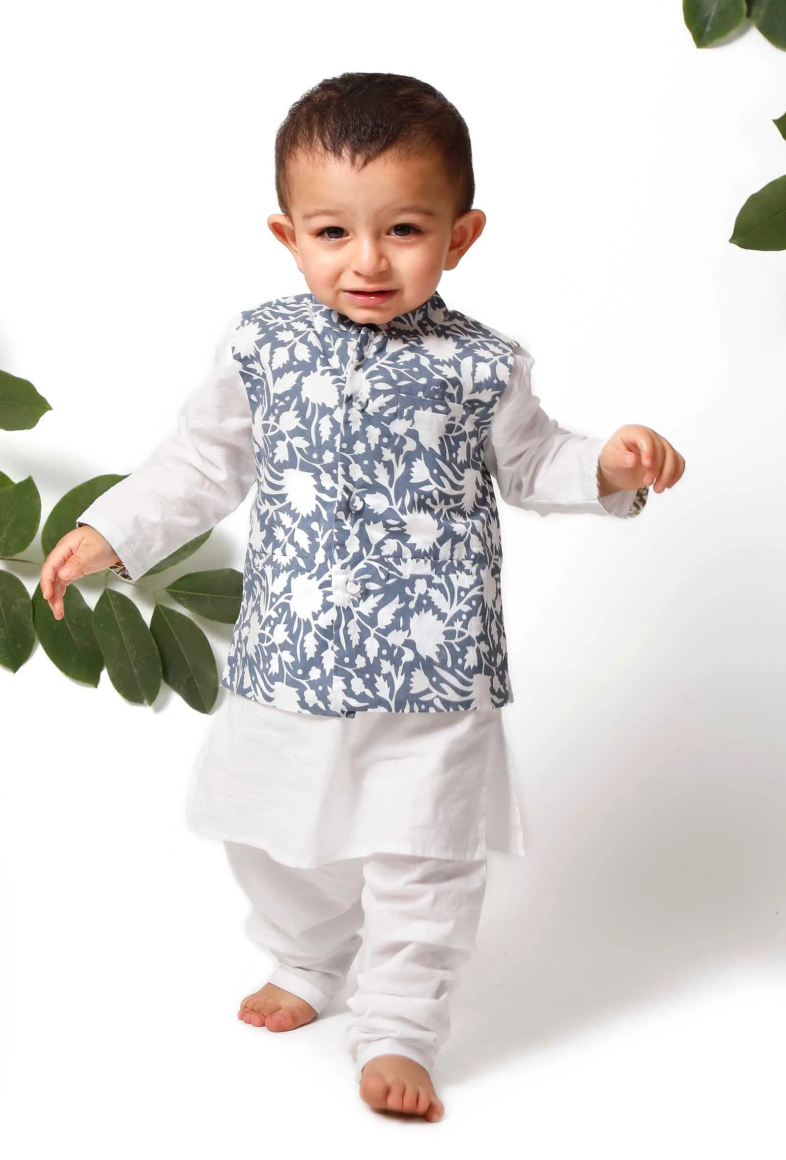 Set of 3 - Fred Blue Jacket with White Kurta Pyjama Set