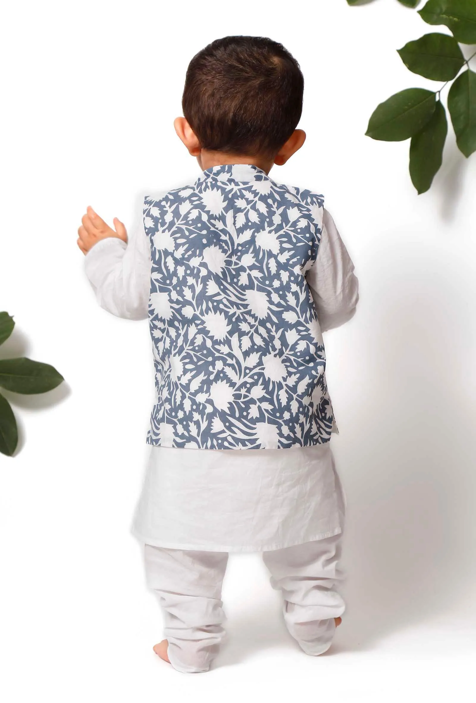 Set of 3 - Fred Blue Jacket with White Kurta Pyjama Set