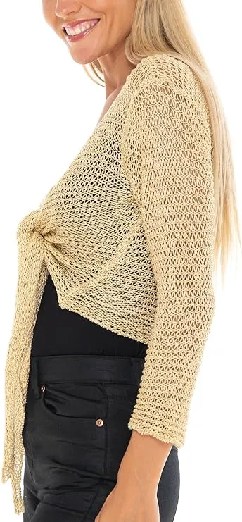 SHU-SHI Womens Cropped Sheer Shrug Tie Top Open Front Cardigan Knit Sweater