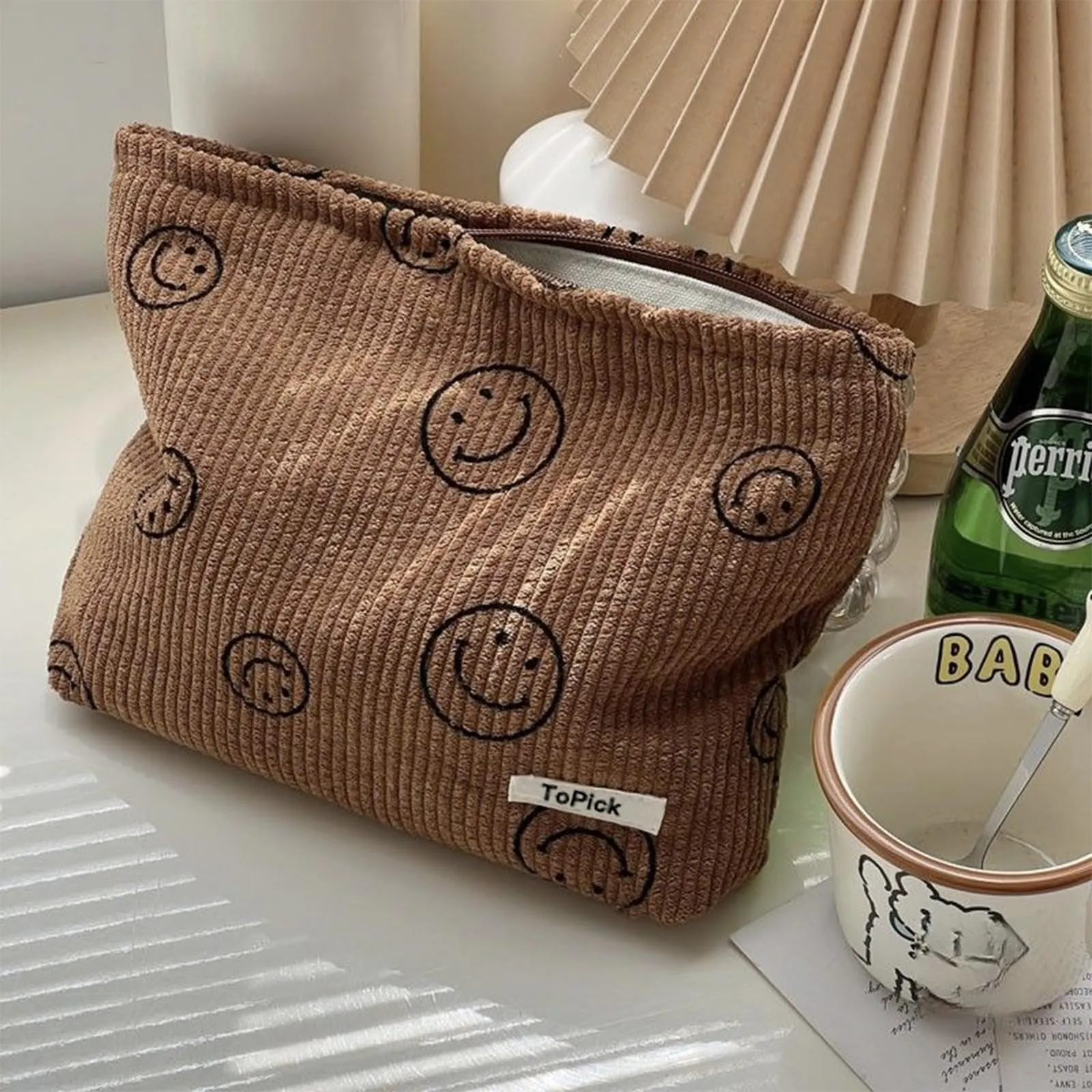 Smiley Face Logo Corduroy Cosmetic Bag with Zipper Closure