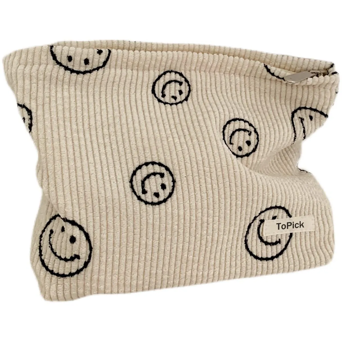 Smiley Face Logo Corduroy Cosmetic Bag with Zipper Closure