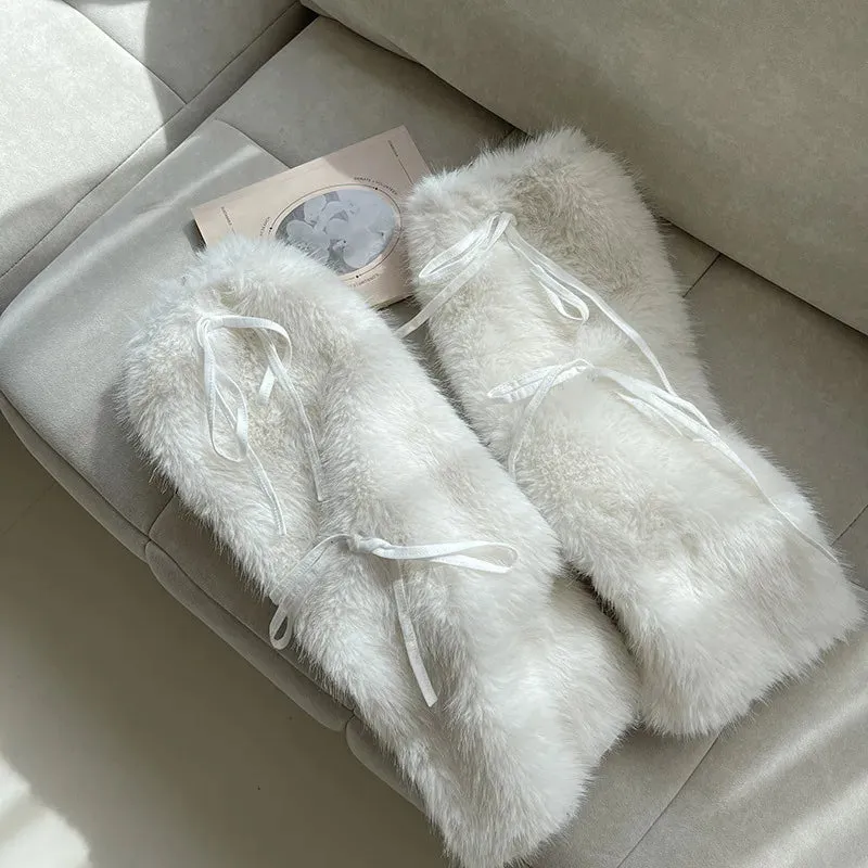 Sohiwoo JK White Bow Tie Leg Warmers Rabbit Fur Ball Winter Warm Thickened Plush Leggings Socks Cold Protective Y2k Boots Cover Socks