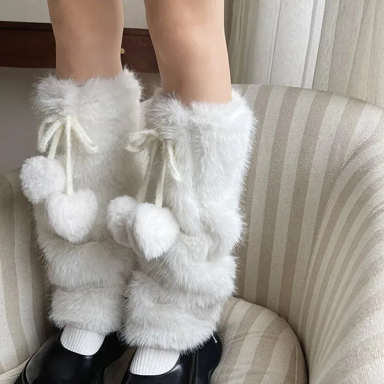 Sohiwoo JK White Bow Tie Leg Warmers Rabbit Fur Ball Winter Warm Thickened Plush Leggings Socks Cold Protective Y2k Boots Cover Socks