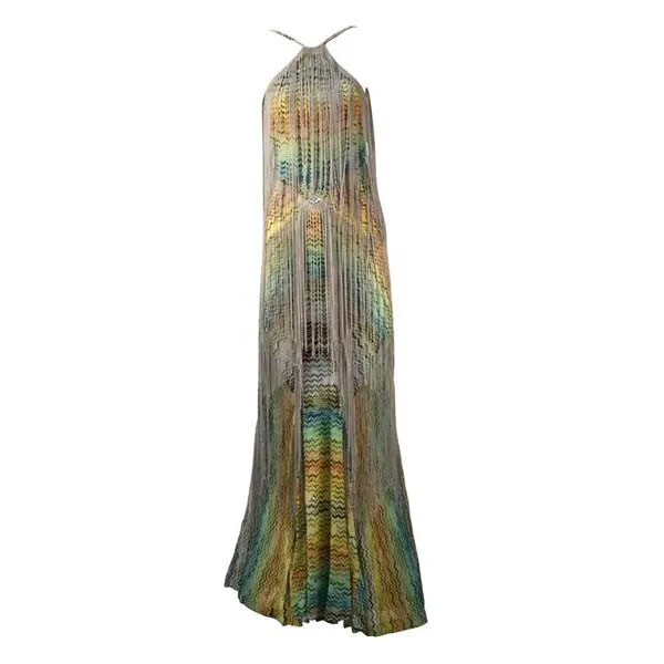 Spectacular Missoni Multi Color Knit Halter Dress with Fringe