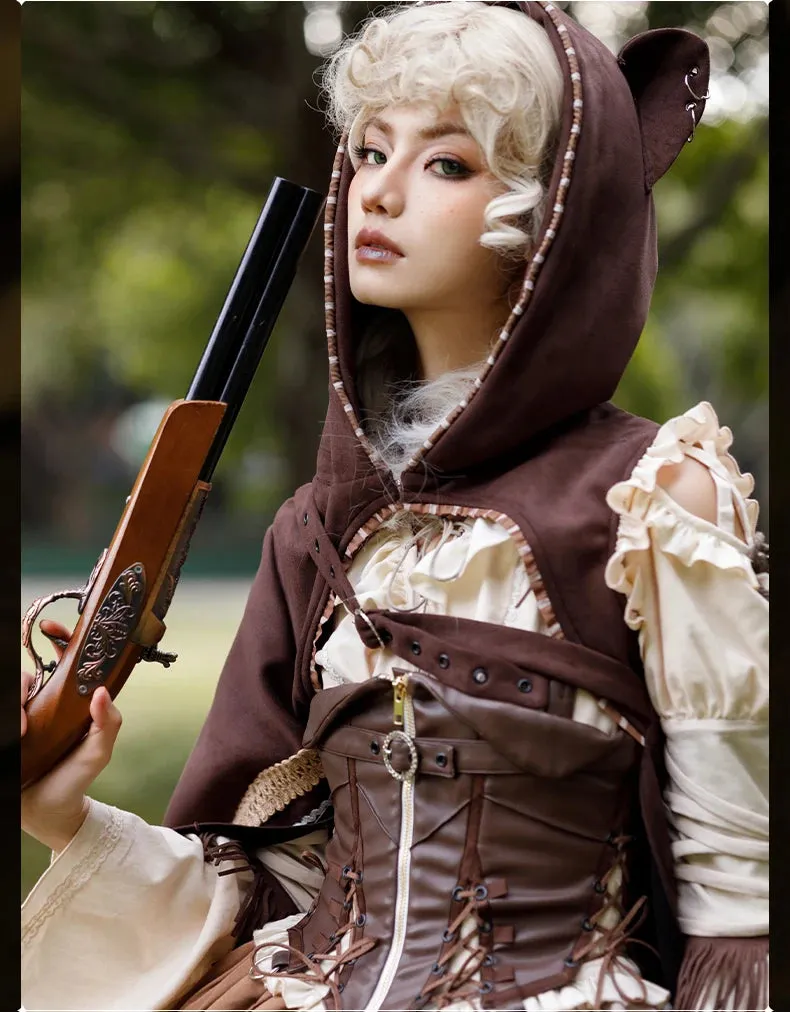 Steampunk Huntress Costume Long Sleeve Cold Shoulder Dress W. Waist Corset & Hooded Cape by Ocelot ~ Hunting Game