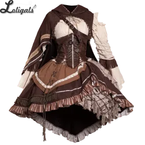 Steampunk Huntress Costume Long Sleeve Cold Shoulder Dress W. Waist Corset & Hooded Cape by Ocelot ~ Hunting Game