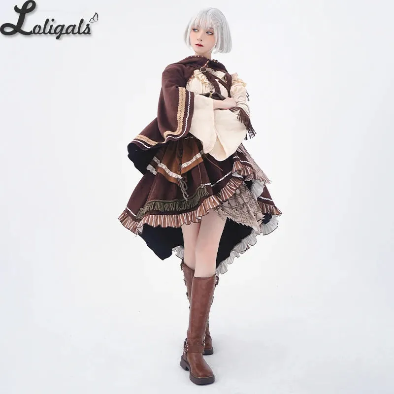 Steampunk Huntress Costume Long Sleeve Cold Shoulder Dress W. Waist Corset & Hooded Cape by Ocelot ~ Hunting Game